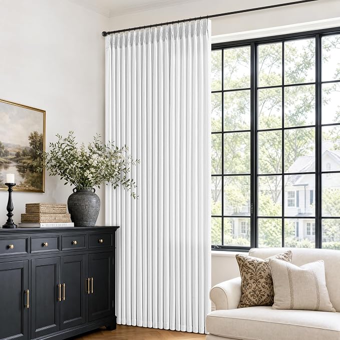 Pinch Pleated Snow White Curtains 100 Inch Length 2 Panels Set Semi Sheer Privacy Pinch Pleat Drapes with Back Tab Hooks Rings Farmhouse Light Filtering Curtain for High Living Dining Room Bedroom