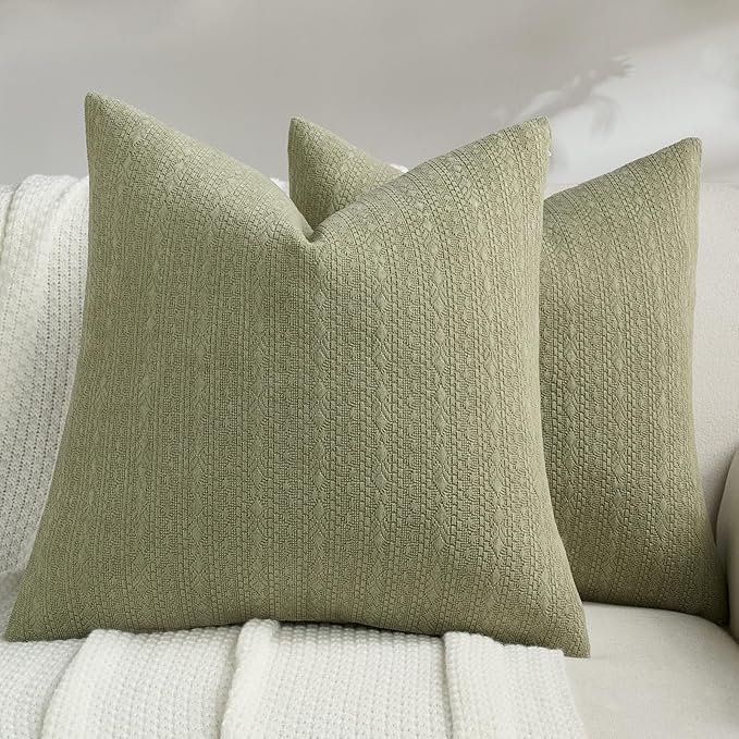 FUTEI Sage Green Chenille Throw Pillow Covers 24x24 Inch Set of 2,Soft Striped & Diamond Textured European Cushion Cases,Modern Home Decor for Couch Living Room