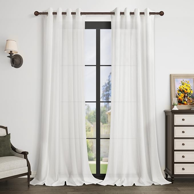 Aersas 120 Inches Long White Linen Curtains for Living Room Large Window Grommet Semi Sheer White Drapes Light Flitering Privacy Boho Floor to Ceiling 10ft Curtain Panels for Sliding Door