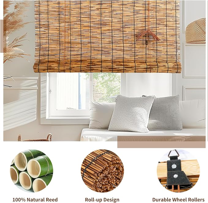 Reed Roller Blinds Shades, Vertical Lifting and Breathable Waterproof Design, Sun Shade and Ventilation, Easy Installation,48" Wx72 H