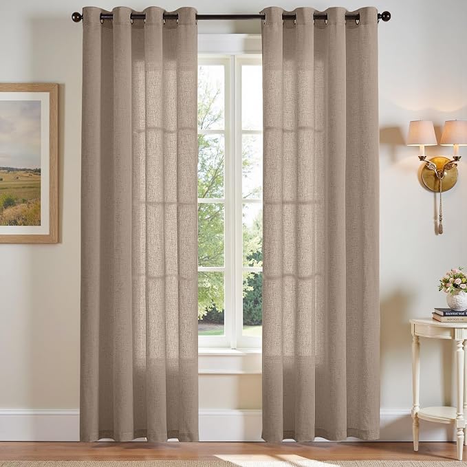jinchan Semi Sheer Curtains 90 Inches Long for Bedroom Linen Curtains Light Filtering Living Room Curtain Panles Grommet Curtains Farmhouse Burlap Textured Drapes Tan Home Office Decor 50 Inch Wide