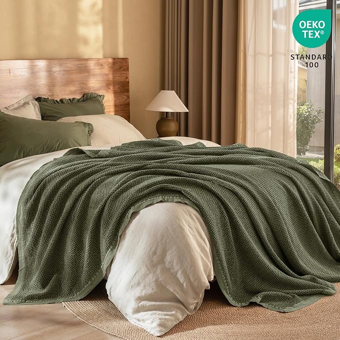 PHF Stone Washed 100% Cotton Waffle Blanket, Vintage Deep Honeycomb Texture, Breathable Thermal Blanket for Bed & Home Decor, All Season Layering - Queen, Moss