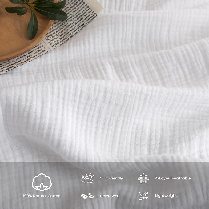 FOSSA Muslin Blanket 4-Layer 100% Cotton Gauze Blanket with Fringe 90"x90" | Super Soft Breathable Lightweight All Season & Decorative Blanket or Bed, Sofa, Office (Bright White,Queen)