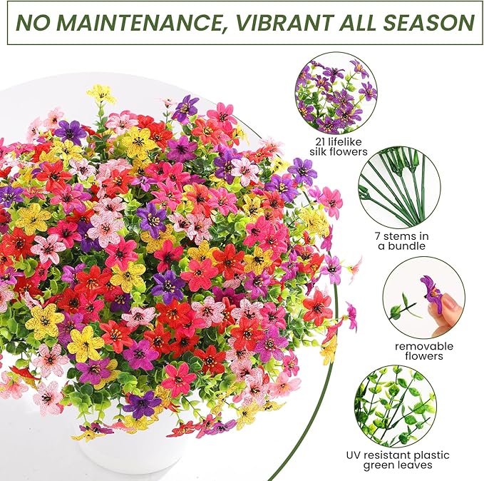 SHareconn 48 Bundles Artificial Flowers for Outdoors Spring Decoration, Fake Silk Realistic Faux Plants UV Resistant for Outside Planter Porch Patio Indoor Decor, RedRosePurpleYellowPinkDeeppurple