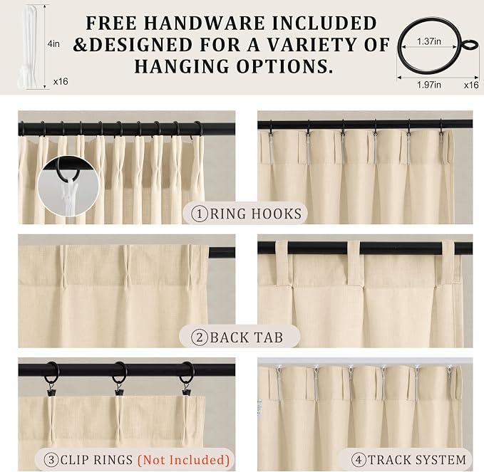 Pinch Pleated Linen Curtains 120 Inch, 2 Panels Premium 400GSM Memory Trained Semi Sheer Light Filtering Window Drapes for Living Room Bedroom Dining, Back Tab & Adjustable Hooks Rings, Light Oatmeal