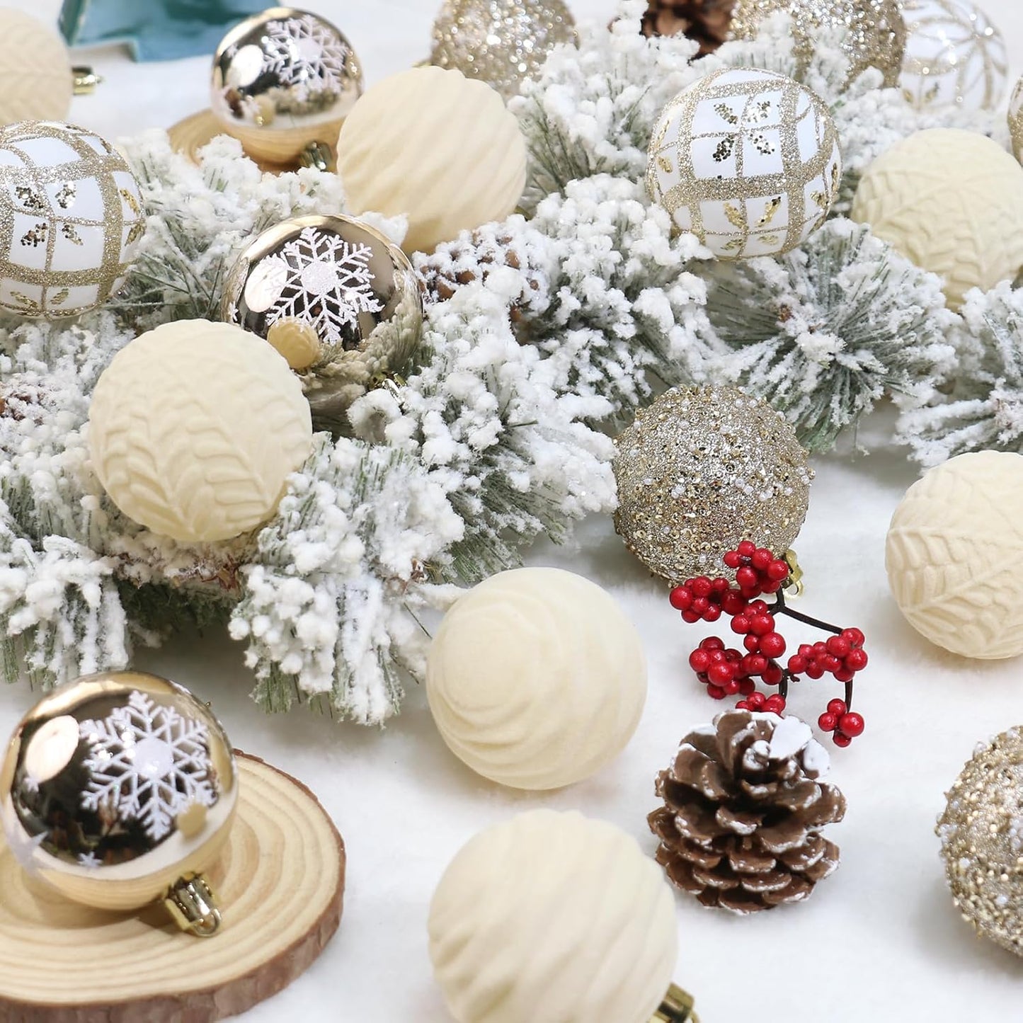 2.36In Velvet Christmas Ball Ornaments, 25PCS Champagne Flocked Christmas Tree Hanging Decorations, for Home Holiday Wedding Indoor Xmas Party Decor.