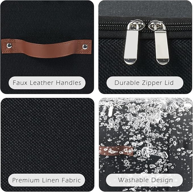 4 Pack Storage Bins with Zipper Lid Cotton Linen Fabric Lidded Storage Baskets Boxes Foldable Washable Closet Shelf Clothes Organizer Container with PU Leather Handles (Black, Small)