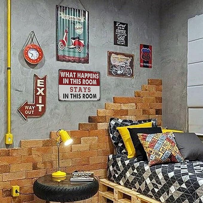 Room Signs Man Cave Wall Decor For Men Funny Metal Tin Bedroom Sign What Happens In This Room Stays In This Room Signs Vintage Dorm Door Decorations For Guys Mens Room Accessories And Signs Women Gift 8 X 12 In