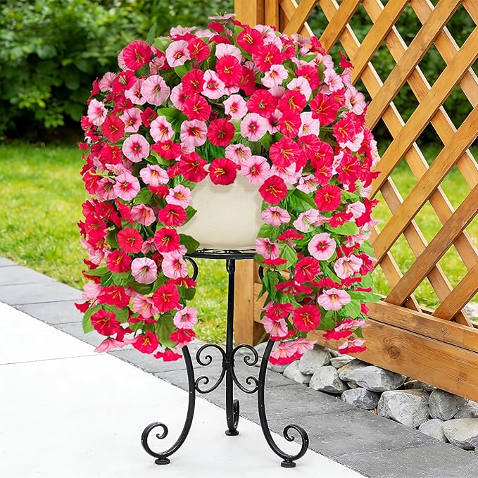 INXUGAO Artificial Fake Hanging Flowers Plants for Outdoor Decoration, 2PCS Faux Silk Morning Glory Long Vines Stems UV Resistant Look Real for Spring Summer Outside Home Porch Patio, Red Pink