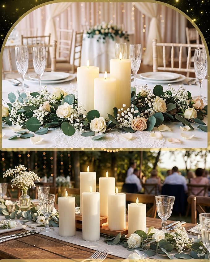 VIHOSE 6 Pack Lvory White Flameless Candles Set with Remote and Timer Flickering Flameless Battery Candles Flat Top LED Pillar for Wedding Outdoor Festival Decoration(Striped, D 3'' H 6'' 7'' 8'')