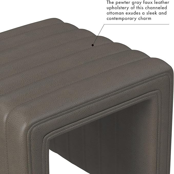 HomePop Modern Channel Tufted Faux Leather Ottoman|Homepop Home Décor|Ottoman for Living Room & Bedroom - Pewter Gray Faux Leather