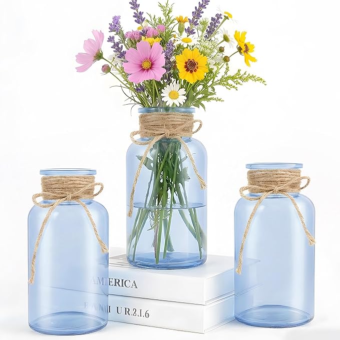 Vintage Glass Flower Vase, Farmhouse Glass Centerpiece Vases Mason Jars for Weddings, Parties & Home Decor Bulk (3, Blue)