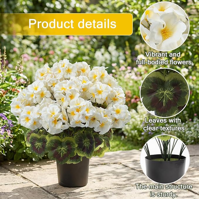 lovemoon 2 Pcs Geranium Potted Artificial Flowers, Fake Geraniums Plants UV Resistant Silk Potted Plants for Outdoor Home Décor Office Porch Garden Decor (2, White)