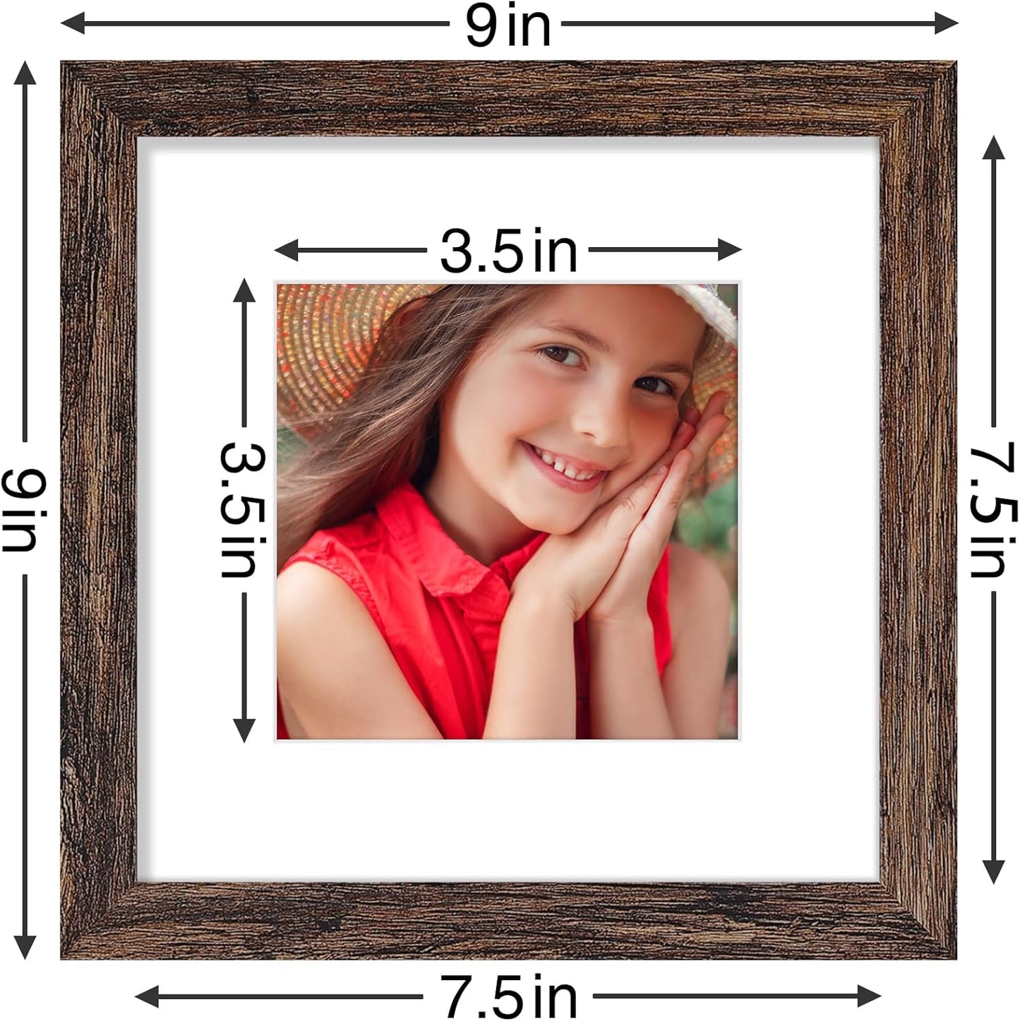 Vittanly 8x8 Picture Frames Set of 9, Shatter Resistant Plexiglass, Display 4x4 Pictures with Mat or 8x8 without Mat, Photo Frames for Wall Mount, Engineered Wood, Brown