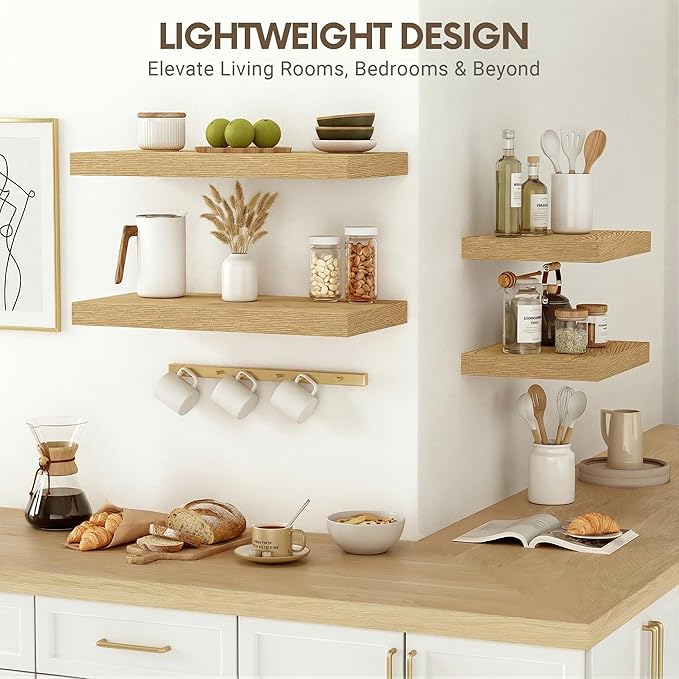 Vivelove 10" Deep Floating Shelves with Invisible Brackets, 55" Wall Shelves for Bathroom Bedroom Kitchen Living Room Laundry Room, Modern Rustic Shelves for Home Decor, 55"x10.2"x1.5", Set of 2, Oak