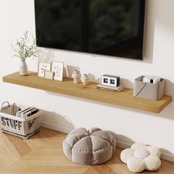 Fun Memories 72 Inch Fireplace Mantel Shelf, 12 Inch Deep Shelves for Display & Wall Storage, Rustic Wood Wall Shelf, Extra Long Floating Shelves for Living Room Laundry Room, Oak, Set of 2