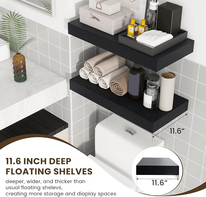 FLYJOE Deep Floating Shelves | 24 Inch Black Floating Shelves Set of 2 | 12 Inch Deep Rustic Wood Shelves for Wall | 24" W x 12" D Black Shelves for Living Room Bathroom Laundry Room Kitchen