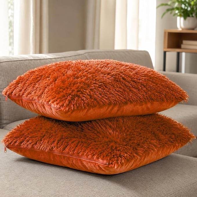 Cheer Collection Throw Pillows for Couch and Bed, Soft Shaggy Throw Pillows with Inserts Included, Cozy Long Hair Faux Fur Pillows - Set of 2-18" x 18" - Rust Orange