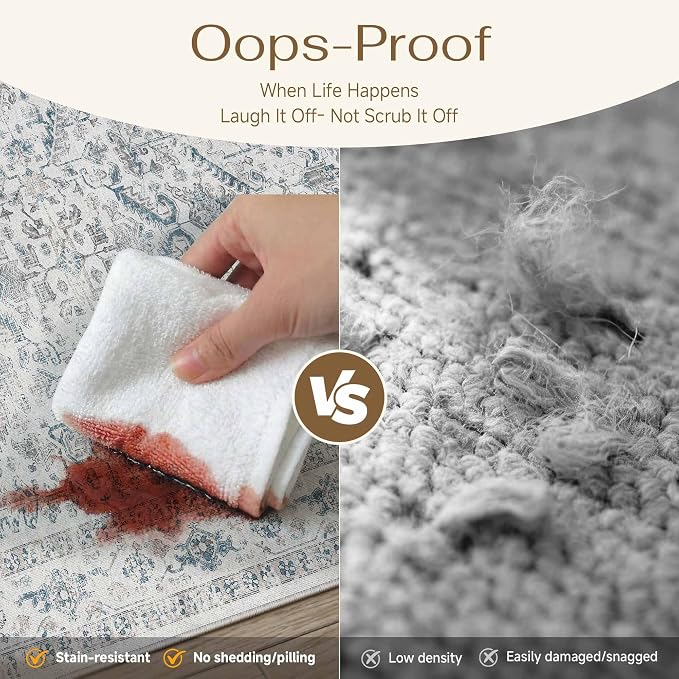 PureCozy Blue 9x12 Area Rug Vintage Washable Living Room Carpet Non Slip Bedroom Indoor Office Low Pile Large Traditional Distressed Retro Accent Rug for Dining Room Bathroom Kitchen