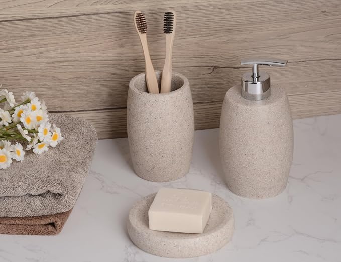 Clasin Home Beige Bathroom Accessories Set 3 PC, Resin Sandstone Look Soap Dispenser, Toothbrush Cup, Soap Dish, Bathroom Soap Dispenser Set for Home Decor and Kitchen