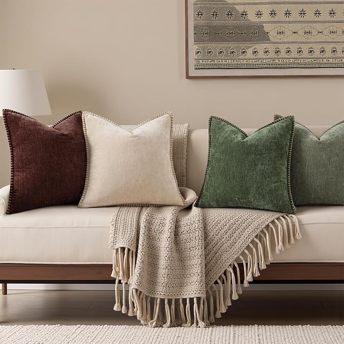 decorUhome Chenille Soft Cozy Throw Pillow Covers 12x20 Set of 2, Modern Farmhouse Boho Velvet Decorative Pillow Cases with Stitched Edge for Couch Sofa Bed Home Decor, Chocolate