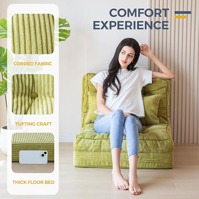 MAXYOYO Folding Sofa Bed, Tufted Bean Bag Bed with Pillows Floor Couch for Adults, Extra Thick and Long Floor Sofa, Single Couch for Bedroom Living Room, Green, 30x91 Inch