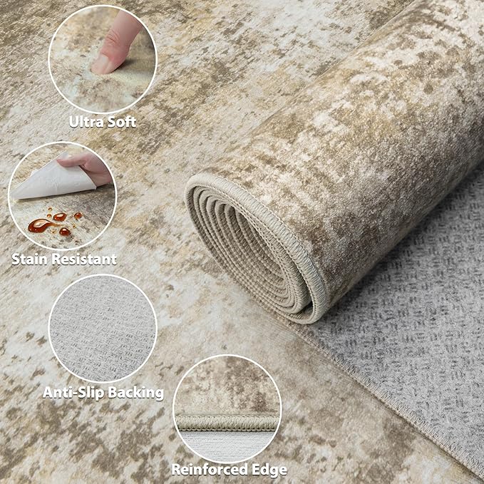 Area Rug Living Room Rugs: 5x7 Washable Rug with Anti-Slip Backing Non-Shedding Stain-Resistant Foldable Modern Abstract Carpet for Bedroom Dining Room Nursery Hallway Home Office Beige Grey
