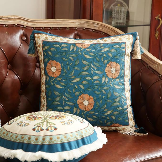 patdrea French Vintage Linen Throw Pillow Cover,18"x18",Set of 2-Wensel A | Decorative Pillow Case,Teal Floral Pattern,Pillow Cover for Couch Living Room Bedroom Sofa,Fringe Trim