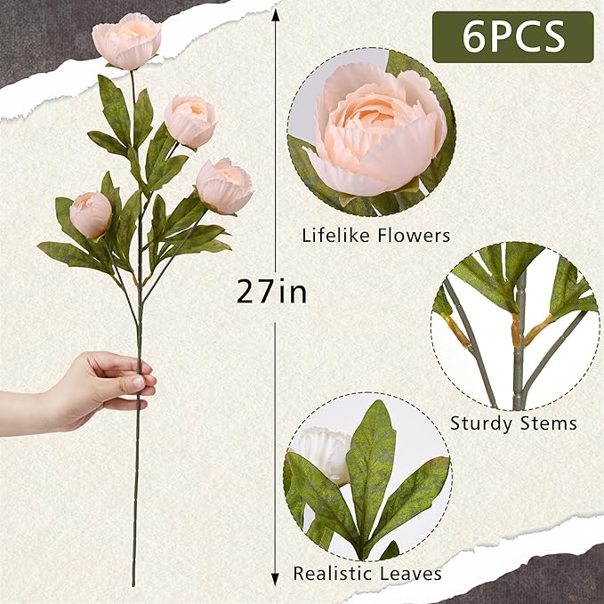 Waipfaru 6 Pcs Faux Peonies Artificial Flowers for Vase, 27" Fake Silk Peonies Flowers for Wedding, Vase Filler Champagne Flowers for DIY Bouquets Centerpieces Bridal Shower Office Decor