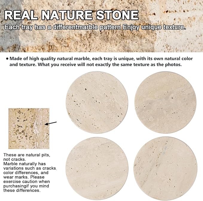 Beige Travertine Coasters Set of 4, Non-Slip Cork Backing, Natural Stone Coaster for Drinks, Anti-Slip Round Artisanal Travertine Coaster for Kitchen Counter and Coffee Table (Round)