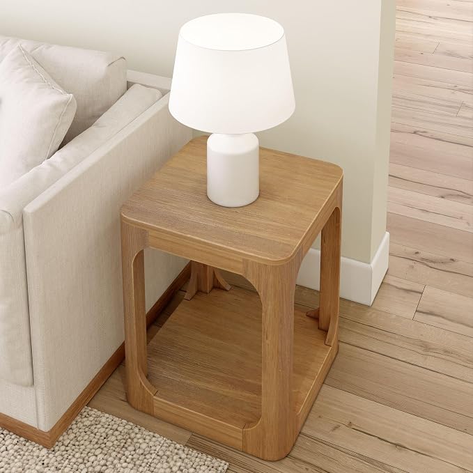 Plank+Beam Modern Rounded Square Side Table with Shelf, Solid Wood End Table for Living Room, 20in, Pecan