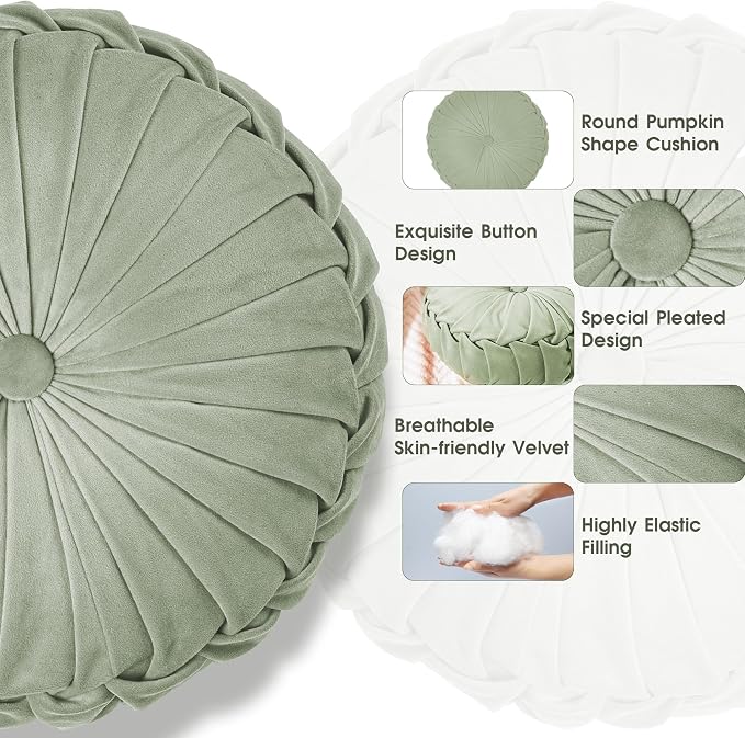 ROSE&RISY Round Pleated Velvet Throw Pillows, 2 Pack Decorative Accent Pumpkin Pillows Cushion for Couch Sofa Bed, Soft Plush Retro Vanity Throw Pillows for Home Decor, 14.5 Inch, Sage Green