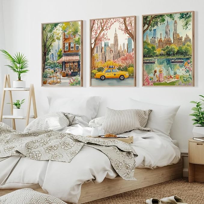 SYYANKK Watercolor New York City Wall Art NYC Canvas Wall Decor NYC Painting New York Landmarks Poster Travel Wall Art Central Park Artwork for Bedroom Living Room 16x24 Inch Unframed Set of 3