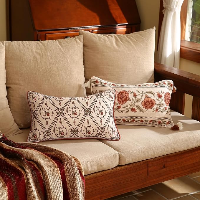 ISAENNE Designer Vintage French Linen Throw Pillow Cover,20"x12"-Albano D | Elegant Rectangle Pillow Cover,Concealed Zipper Design,Floral Pattern,Sofas,Bedroom,Living Room,Lounge Chairs,Decor