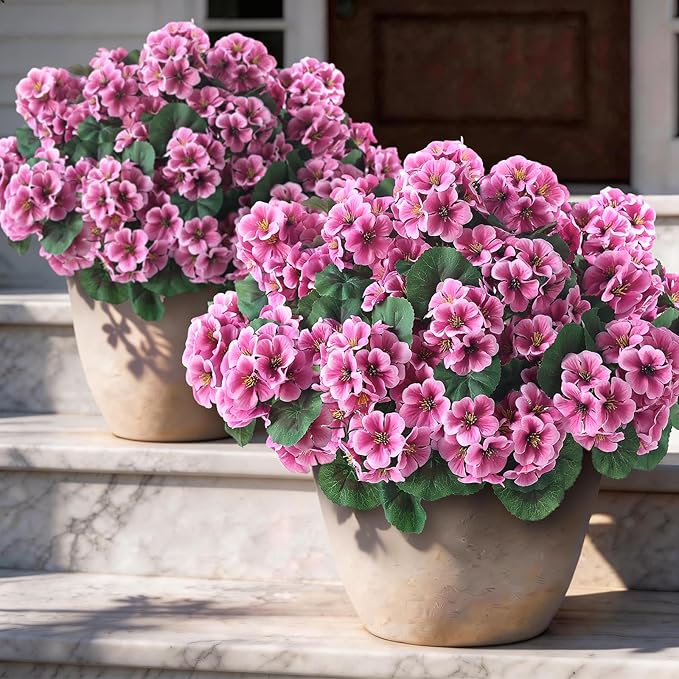 GLIDLION 24 Bundles Artificial Geranium Flowers for Spring Summer Decor, UV-Resistant Fake Plants Realistic Faux Silk Bouquets for Front Door Farmhouse Garden Porch Home Outdoor Decor (Pink)