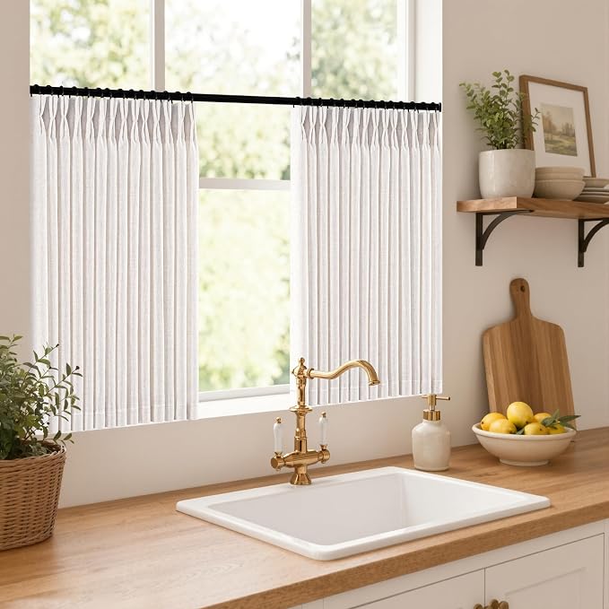 MIULEE Pinch Pleated Thick Linen Curtains 24 Inches Long 2 Panels for Kitchen Bedroom, Small Short Linen Textured Memory Trained Drapes Pleat Back Tab Light Filtering Natural Half Window Curtains