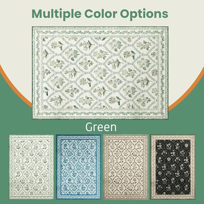 LIANLAM Checkered Rug 10x14 Area Rugs for Living Room - Stain Resistant & Non-Slip Backing Vintage Boho Floral Design Rug for Bedroom,Durable & Ultra-Thin Large Washable Area Rug(10x14,Green)