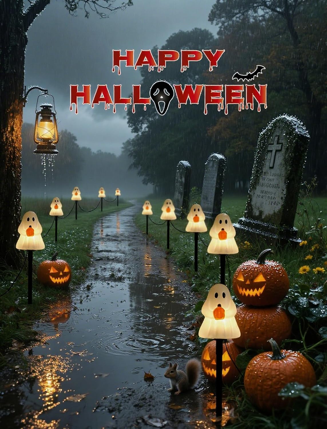 Classic Ghost Halloween Pathway Lights (5-Pack) - Electric Outdoor Decorations with Warm C7 Bulbs, UL Listed Corded Yard Stakes for a Whimsical, Nostalgic Walkway & Lawn Display