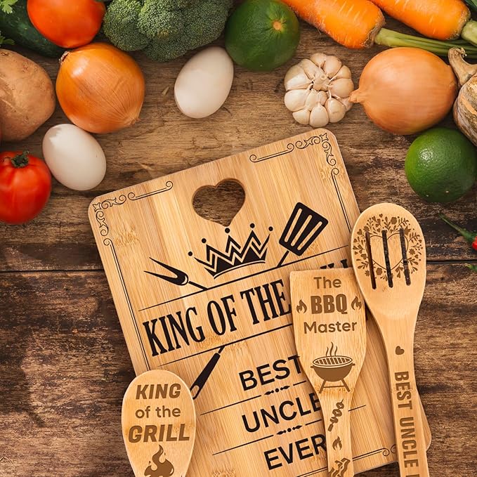 Best Uncle Gifts - "King of The Grill, Best Uncle Ever" Uncle Birthday Gifts Cutting Board Set, Bamboo-Made Engraved Utensil Set, Gifts for Uncle