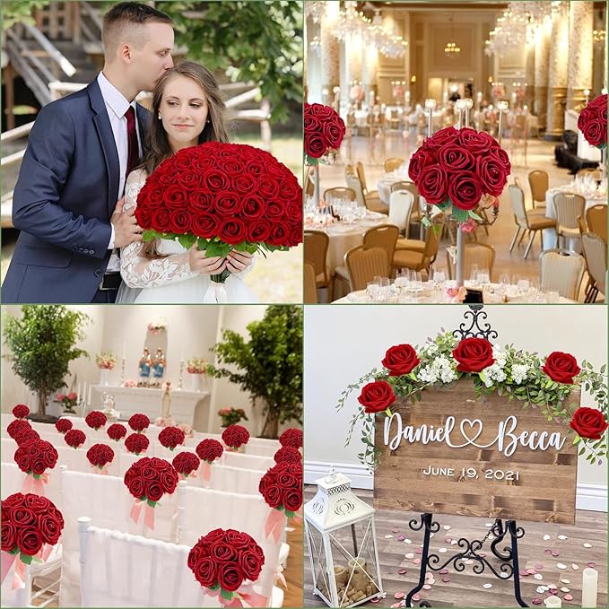 Waipfaru 200 Pcs Red Roses, Fake Roses Artificial Velet Flowers for Valentines Mothers Day Wedding Centerpieces Decor (Red)