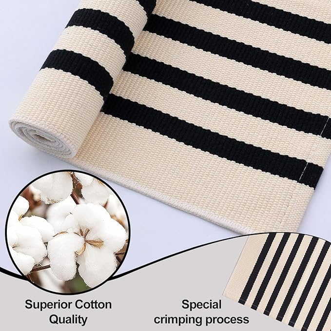 OLANLY Beige and Black Striped Rug 3' x 5' – Washable Cotton Doormat for Indoor Outdoor Use, Layered Front Porch Rug for Entryway, Kitchen, Patio