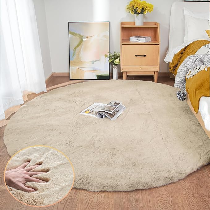 ORINOVA Round Rugs 8ft Shag Washable Fluffy Area Rugs for Bedroom Light Brown Beige Large Circle Faux Rabbit Shaggy Fur Rug for Living Room Nursery Rug