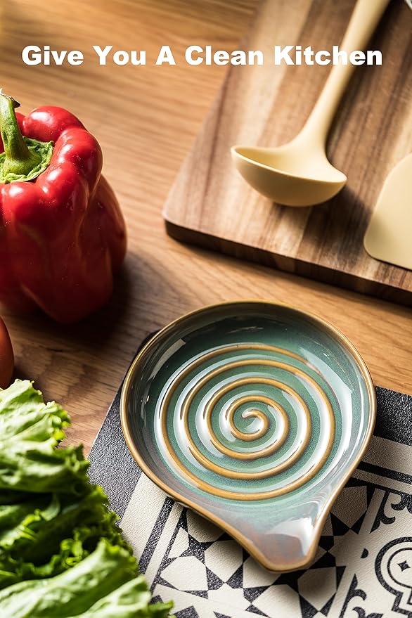 LAUCHUH Spoon Rest for Kitchen Counter,5" Spoon Holder for Kitchen Counter Stove Top Ceramic Spatula Holder for Mother's Day, Ladle, Spatula, Spoons or Tongs, Unique Green