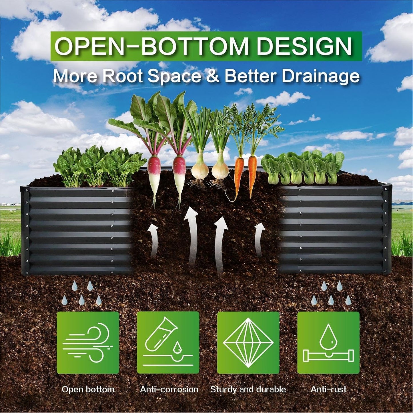 GARDMAX 8x4x2FT Galvanized Raised Garden Bed Kit, Metal Planter Boxes Outdoor with Easy Assembly, Large Garden Bed for Vegetables, Fruits, Flower, Herbs Rectangle Dark Gray