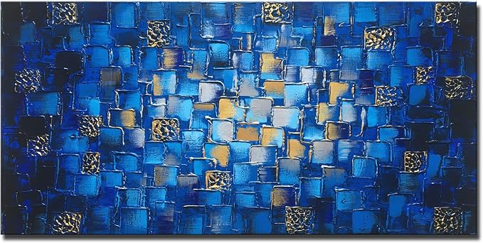 MyArton Large Thick Abstract Dark Blue add Golden&Silver Square Wall Art Hand Painted Artwork Textured Oil Painting on Canvas Framed Ready to Hang 60x30inch