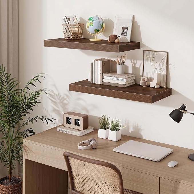 Fun Memories 12 Inch Deep Floating Shelves for Wall, 30 Inch Long Floating Shelf, 30 x 12 Shelf for Wall, Rustic Wood Bookshelves, Hanging Shelves for Bathroom Kitchen Bedroom, Walnut, Set of 2