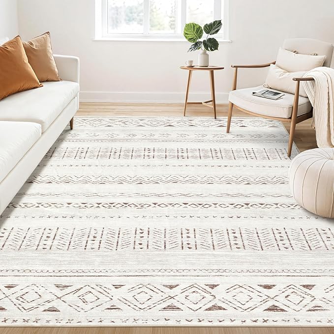 cotiled 10x13 Area Rug Living Room: Washable Boho Rugs with Non Slip Backing Large Soft Indoor Stain Resistant Carpet for Bedroom Farmhouse Dining Room Lightweight Home Decor L Brown/Cream