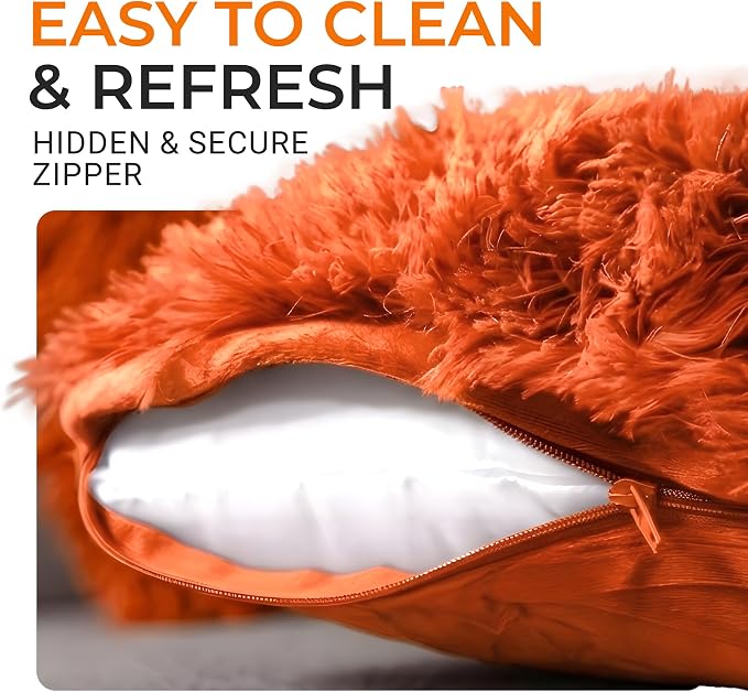Cheer Collection Throw Pillows for Couch and Bed, Soft Shaggy Throw Pillows with Inserts Included, Cozy Long Hair Faux Fur Pillows - Set of 2-18" x 18" - Rust Orange