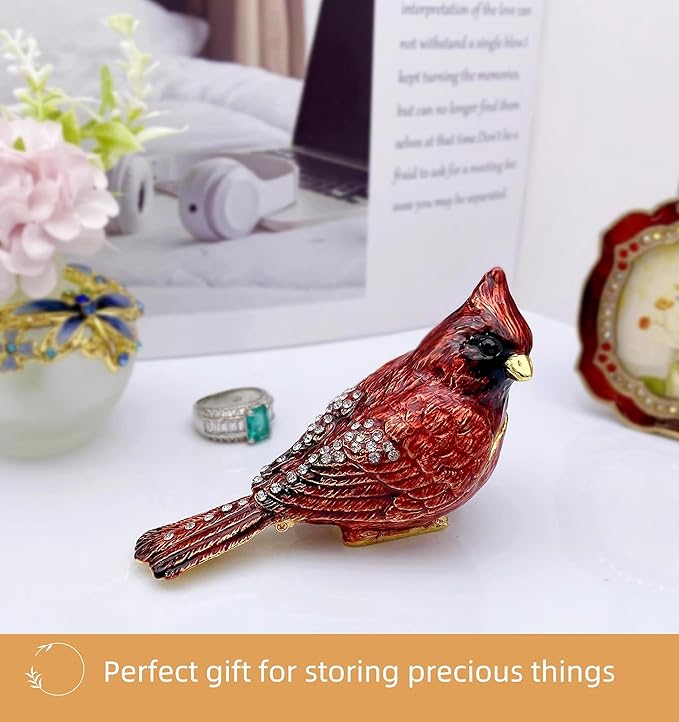 Luxury Red Cardinal Bird Gifts Jewelry Trinket Boxes Hinged.Decorative Keepsake Ring Box.Necklace Rings Earrings Organizer.Bird Figurines Accents Home Decor Gifts for Women.