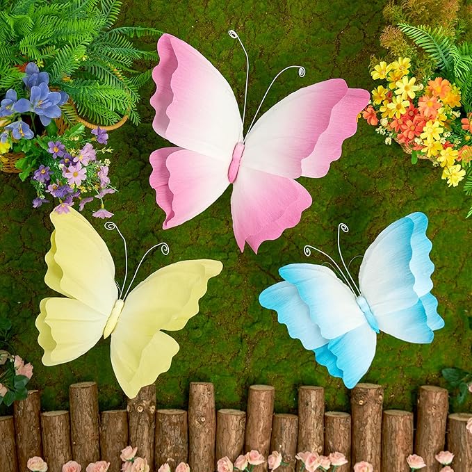 3D Hanging Butterfly Decorations, Butterfly Birthday Party Decorations, 3 Pcs Crepe Paper Butterfly with Soft Gradient Colors, Pink Blue Yellow Hanging Decor for Girls Women, Flower Party Decor